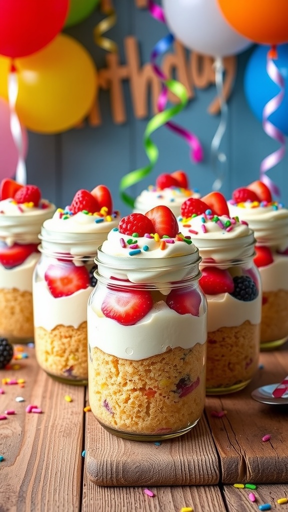 Festive Individual Birthday Cake Trifles in Mason Jars