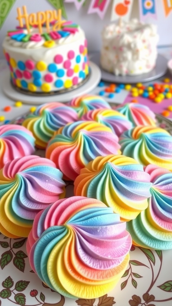 Vibrant Rainbow Swirl Meringue Cookies for Birthdays