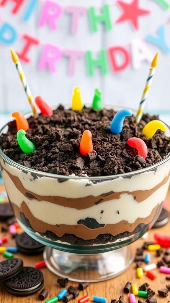 Festive Birthday Oreo Dirt Cake with Gummy Worms