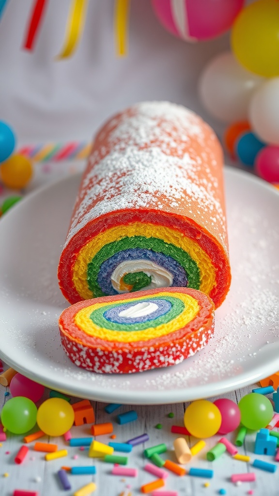 Colorful Rainbow Cake Roll with Whipped Cream Filling