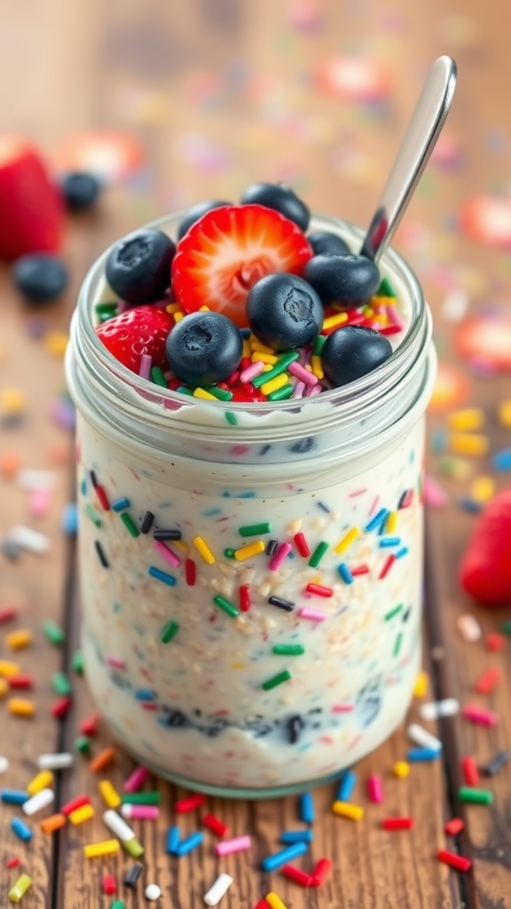Birthday Cake Overnight Oats with Colorful Sprinkles